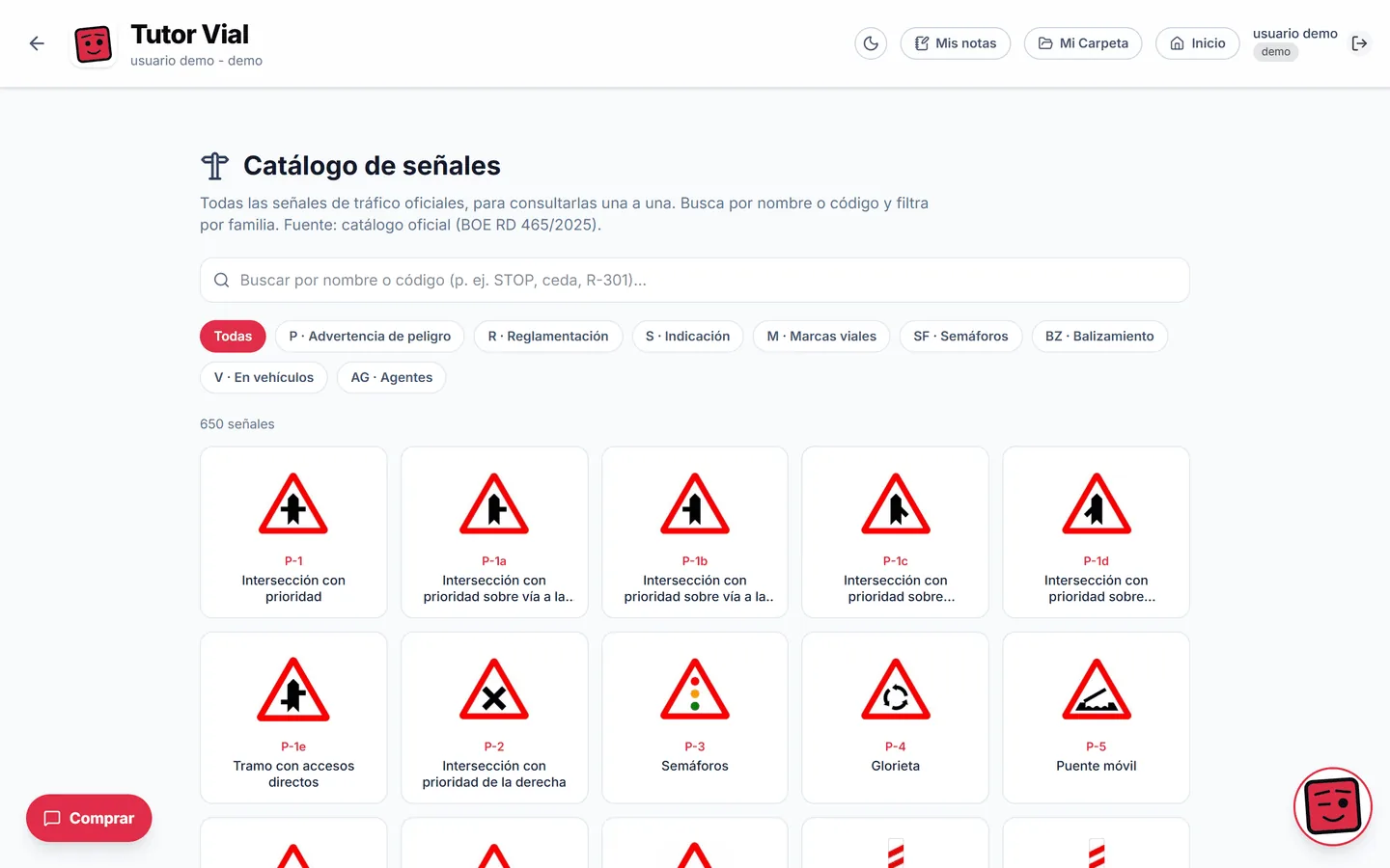 Catálogo de 650 señales oficiales, con buscador y filtro por familia