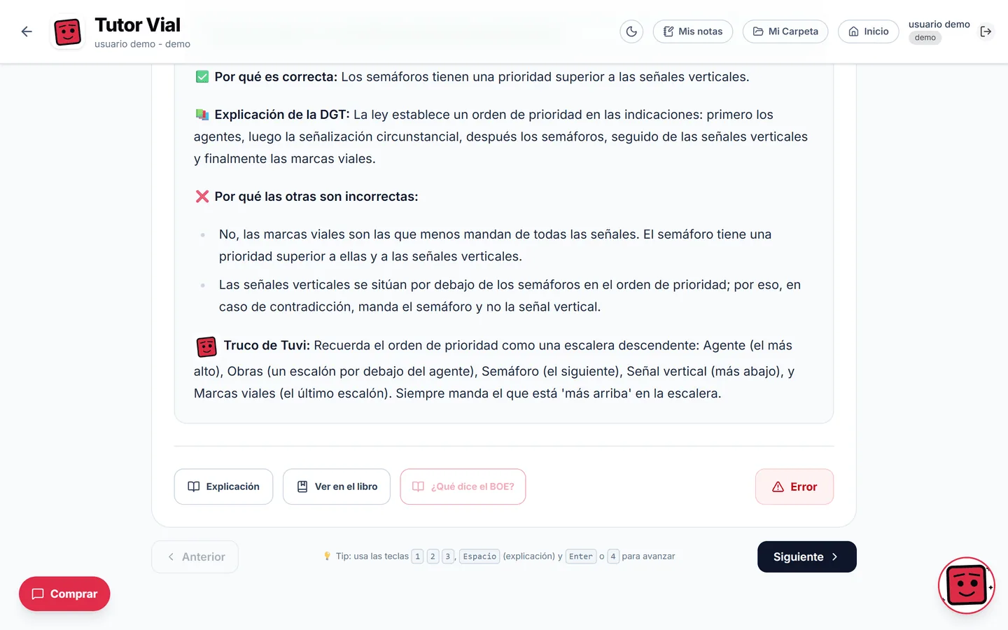 Explicación de una pregunta: por qué es correcta, la explicación de la DGT, por qué las otras fallan y el truco de Tuvi