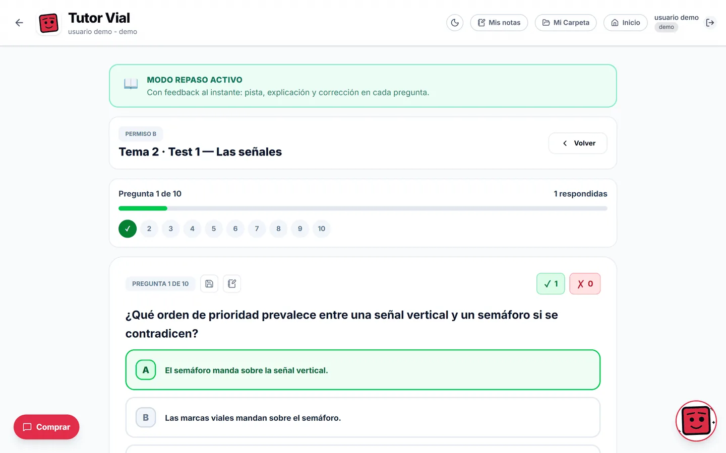 Test del Permiso B corregido al instante: la respuesta correcta en verde y el contador de aciertos y fallos