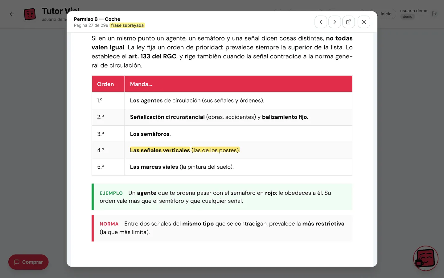 «Ver en el libro»: la página exacta del temario con la frase que responde la pregunta subrayada en amarillo