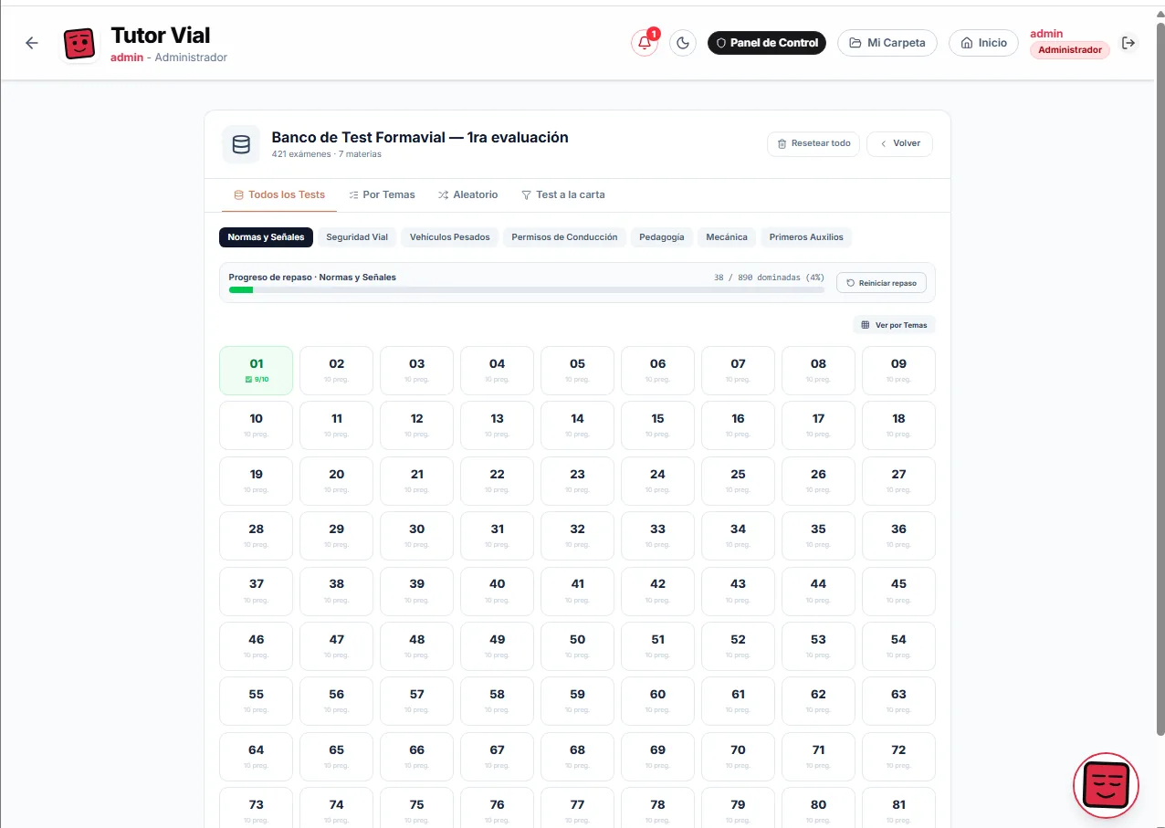 Listado de tests dentro de la plataforma de TutorVial, con los bloques y los exámenes numerados