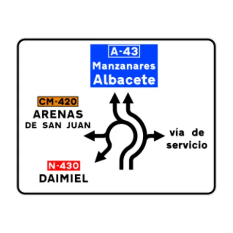 Señal S-203: Preseñalización de glorieta con selección de carriles en función del movimiento a efectuar.