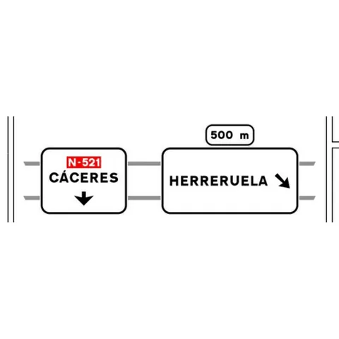 Señal S-230a: Preseñalización, con carteles sobre la calzada, en carretera convencional o carretera multicarril hacia carretera convencional o carretera multicarril y dirección propia.