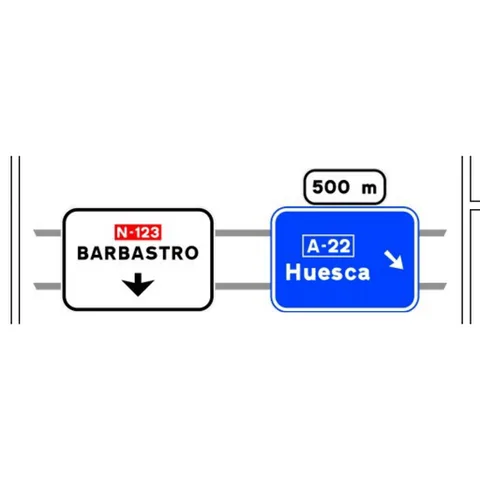 Señal S-232a: Preseñalización, con carteles sobre la calzada, en carretera convencional o carretera multicarril hacia autopista o autovía y dirección propia