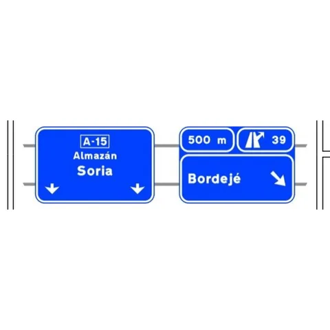 Señal S-235a: Preseñalización, con carteles sobre la calzada, en autopista o autovía hacia cualquier tipo de carretera y dirección propia.