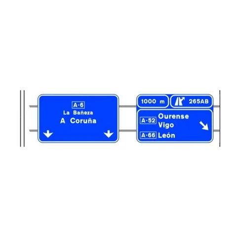 Señal S-242a: Preseñalización, con carteles sobre la calzada en autopista o autovía, de dos salidas muy próximas hacia cualquier tipo de carretera y dirección propia