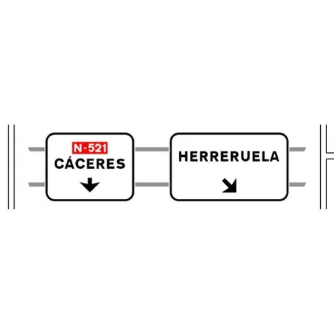 Señal S-350a: Señalización de salida inmediata, con carteles sobre la calzada, en carretera convencional o carretera multicarril hacia carretera convencional o carretera multicarril y dirección propia.