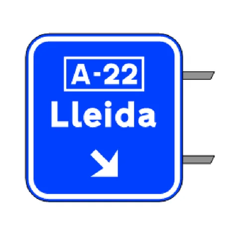 Señal S-351: Señalización de salida inmediata, con cartel sobre la calzada, en carretera convencional o carretera multicarril hacia autopista o autovía