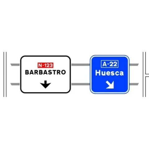 Señal S-351a: Señalización de salida inmediata, con carteles sobre la calzada, en carretera convencional o carretera multicarril hacia autopista o autovía y dirección propia.