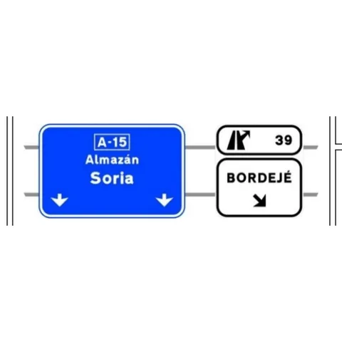 Señal S-352a: Señalización de salida inmediata, con carteles sobre la calzada, en autopista o autovía hacia carretera convencional o carretera multicarril y dirección propia