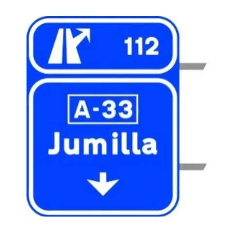 Señal S-353: Señalización de salida inmediata, con cartel sobre la calzada, en autopista o autovía hacia autopista o autovía.