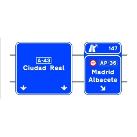 Señal S-353a: Señalización de salida inmediata, con carteles sobre la calzada, en autopista o autovía hacia autopista o autovía y dirección propia