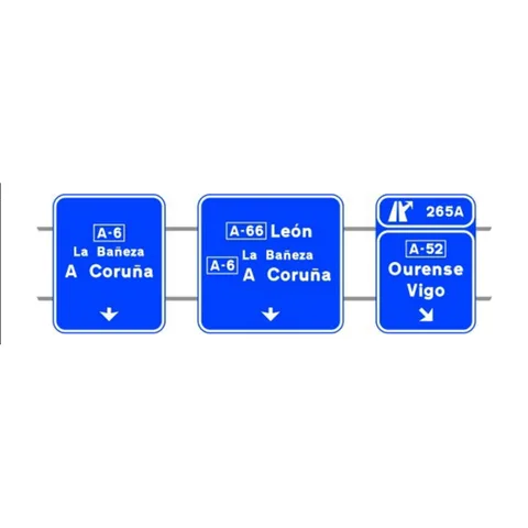 Señal S-375: Señalización de la primera salida inmediata de dos muy próximas, con carteles sobre la calzada, en autopista o autovía hacia autopista o autovía, destinos de la segunda salida y dirección propia