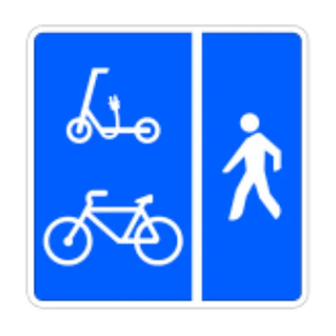 Señal S-43: Vía reservada para ciclos, vehículos de movilidad personal y peatones, con espacio de circulación diferenciado entre los dos primeros y los terceros.