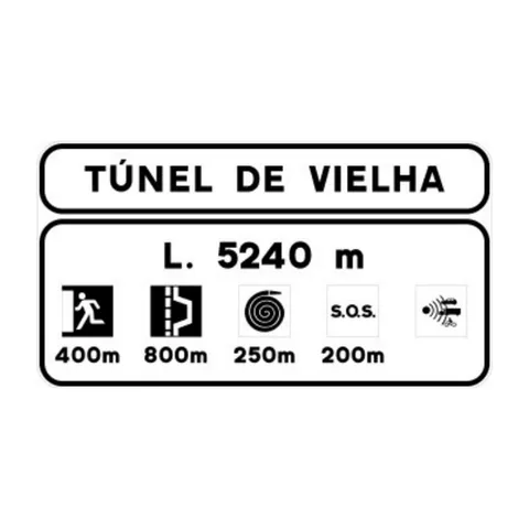 Señal S-530: Localización de un túnel en carretera convencional o carretera multicarril con información sobre sus instalaciones de seguridad