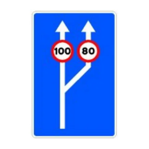 Señal S-53a: Paso de uno a dos carriles de circulación con especificación de la velocidad máxima en cada uno de ellos